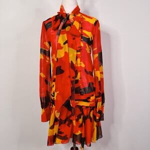 Dsquared2 Camouflage Print Bow Neck Sheer Dress Red Orange Size 38 US 2